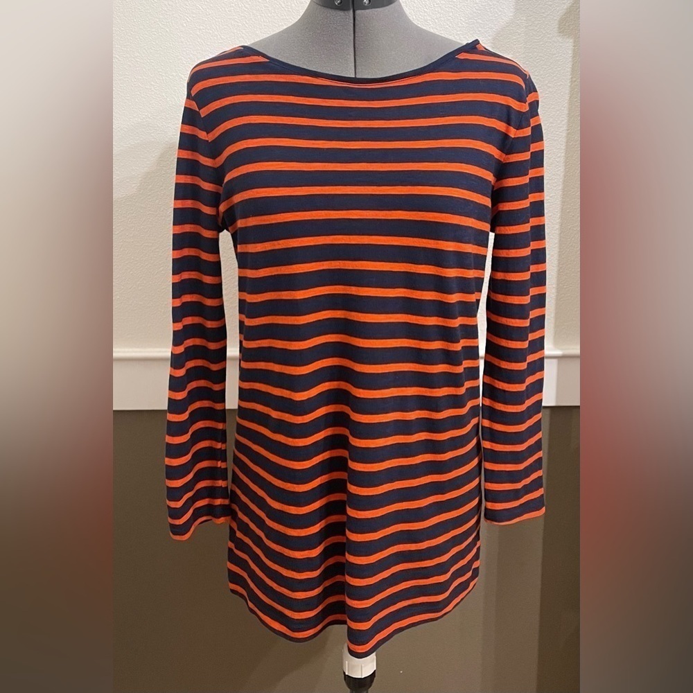 Stylus Navy Blue Striped Tunic Top Sz M Tee Shirt Boatneck Zipper Shoulder